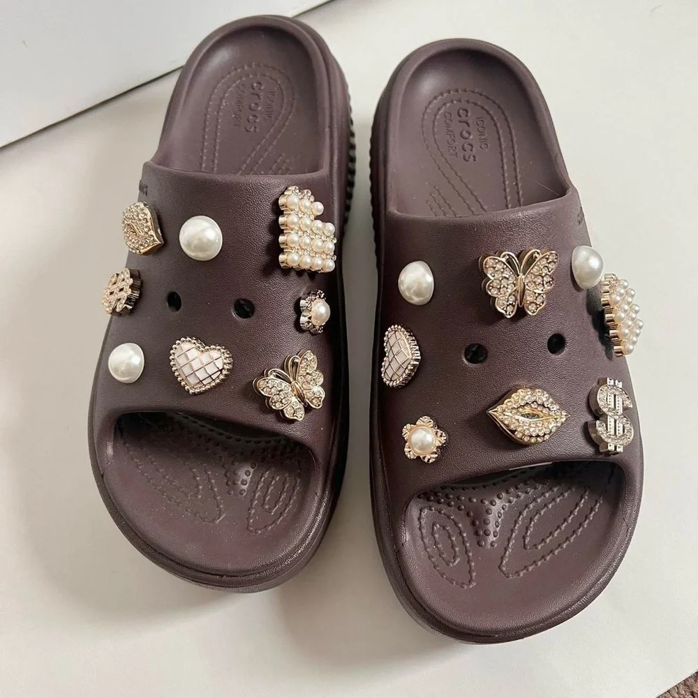 CROCS Platform Slide Mules with Gold & Pearl Charms - Picture 5 of 6